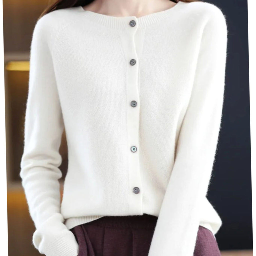 Women's Classic Button Merino Wool Crew Neck Cardigan Sweater - White