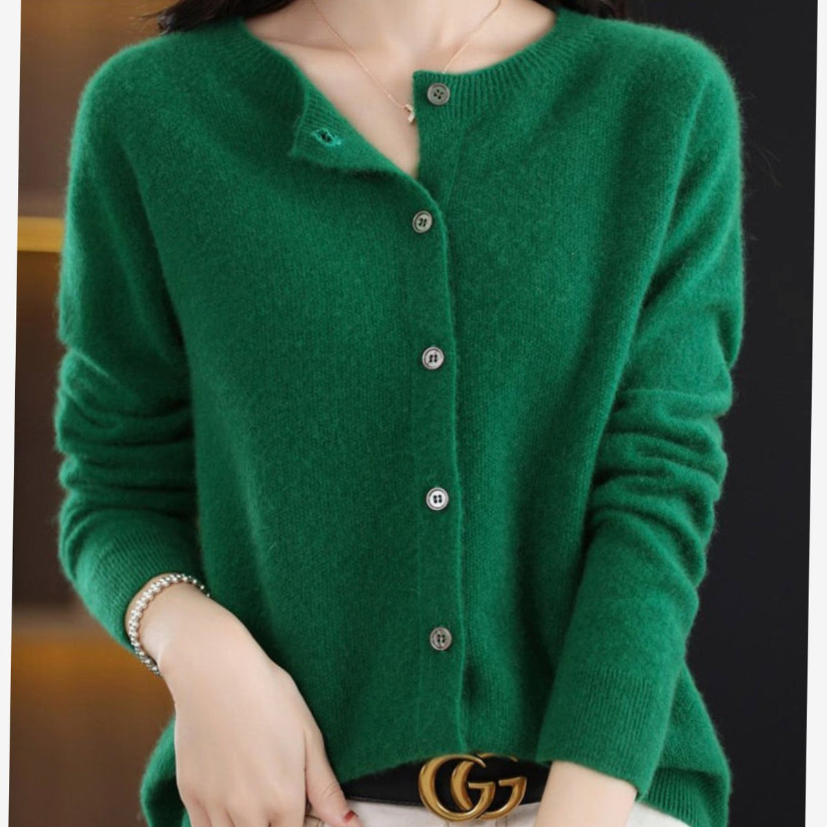 Women's Classic Button Merino Wool Crew Neck Cardigan Sweater - Dark Green
