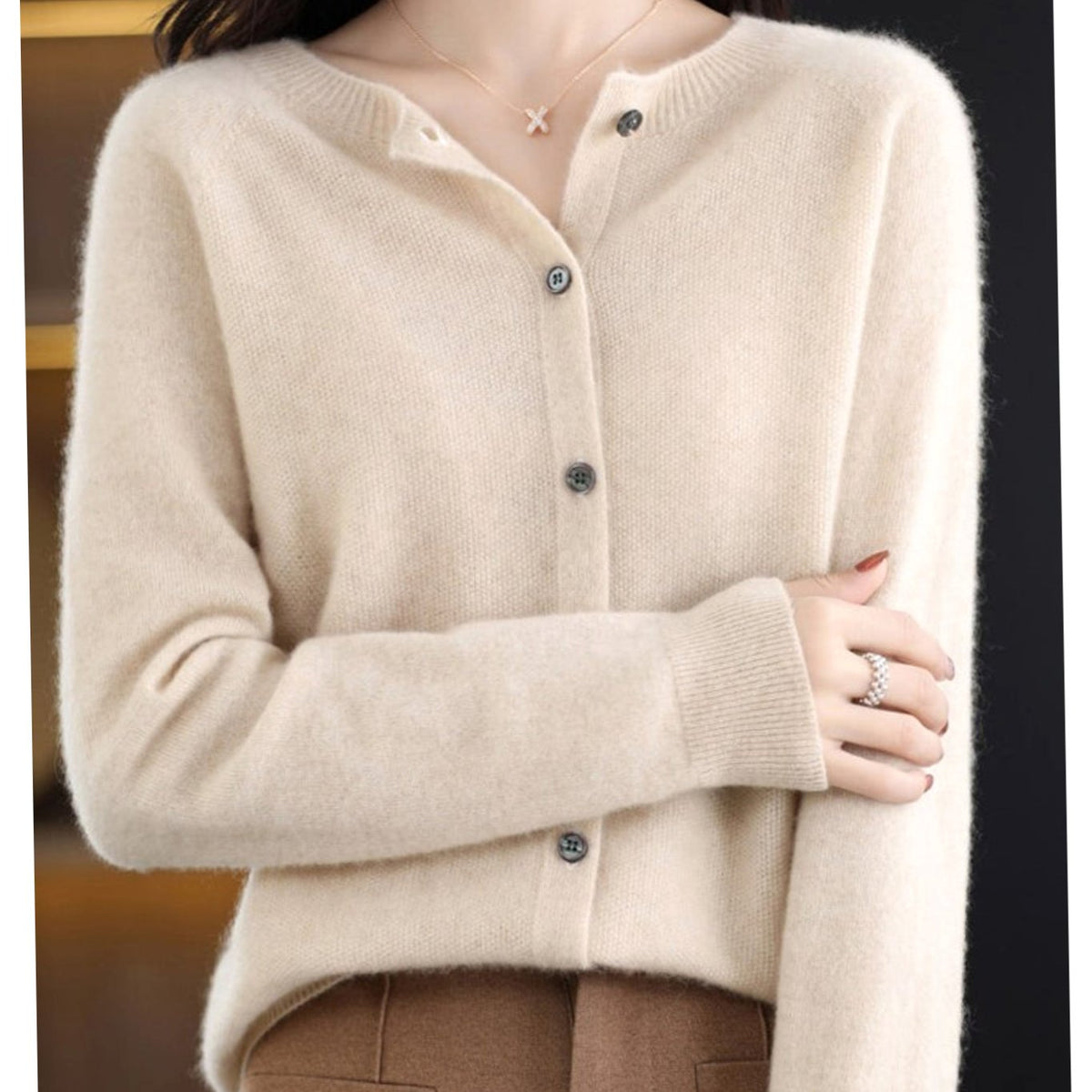Women's Classic Button Merino Wool Crew Neck Cardigan Sweater