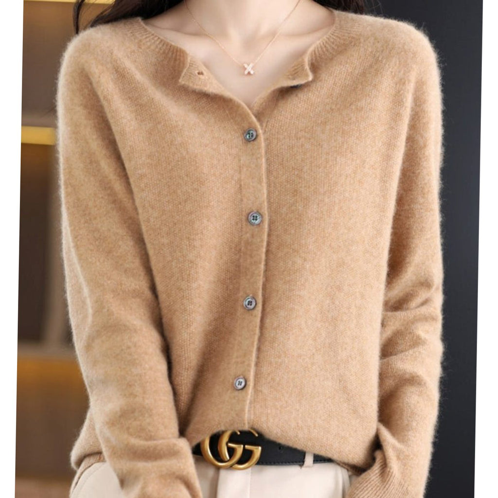 Women's Classic Button Merino Wool Crew Neck Cardigan Sweater - Beige