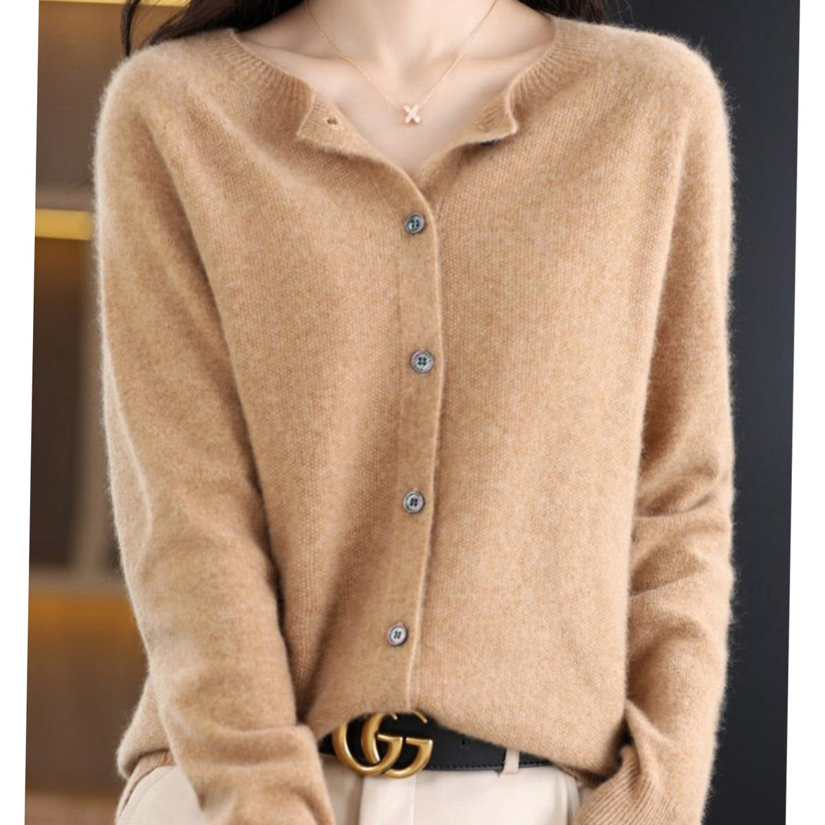 Women's Classic Button Merino Wool Crew Neck Cardigan Sweater - Beige