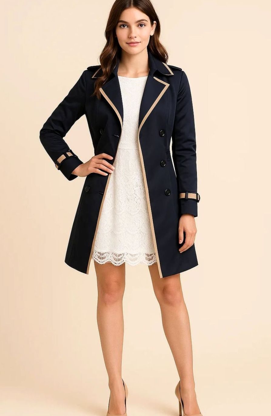 Women's Classic Double Breasted Trench Coat Black Piping - Navy Blue