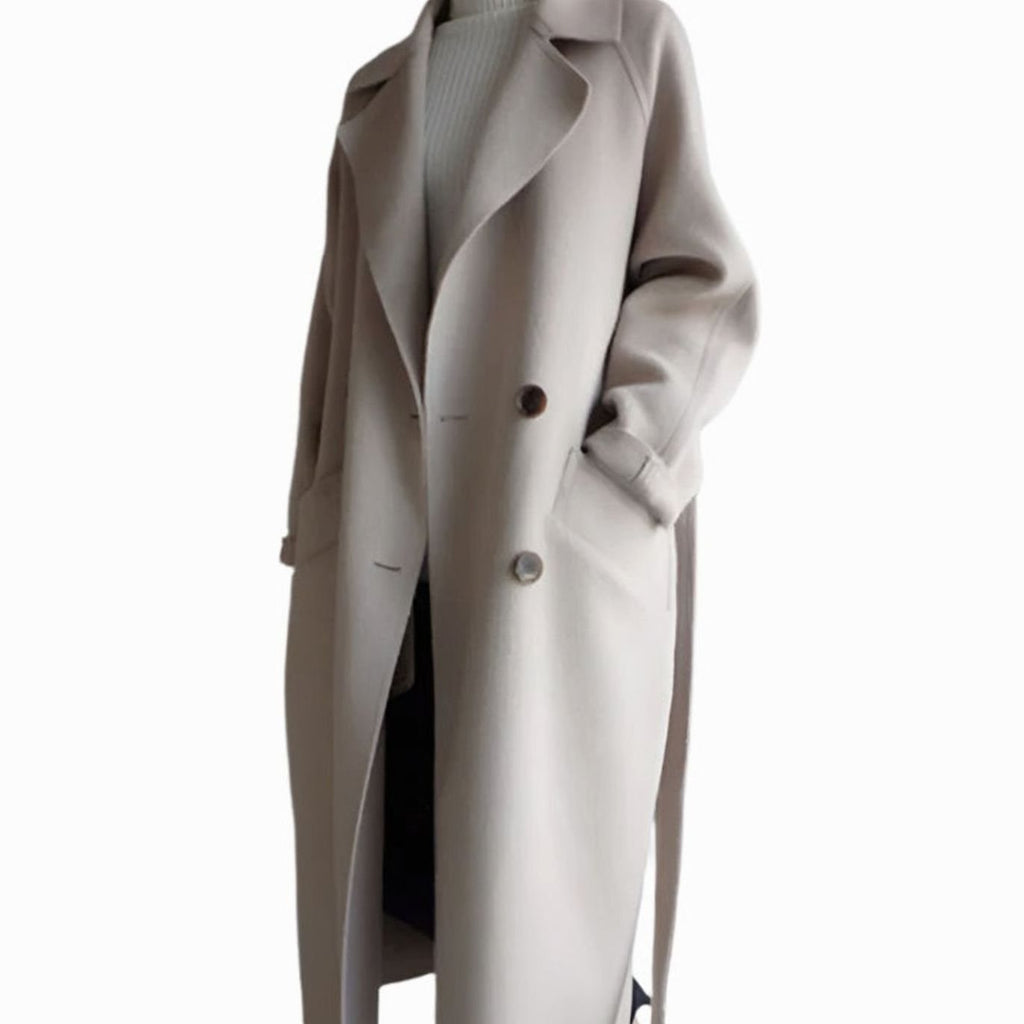 Women's Classic Lapel Long Belted Winter Coat - Beige
