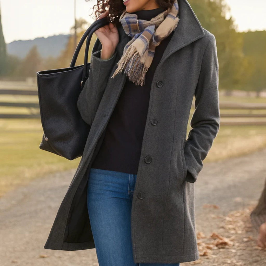 Women's Classic Mid-Length Button-Front Wool-Blend Coat - Gray