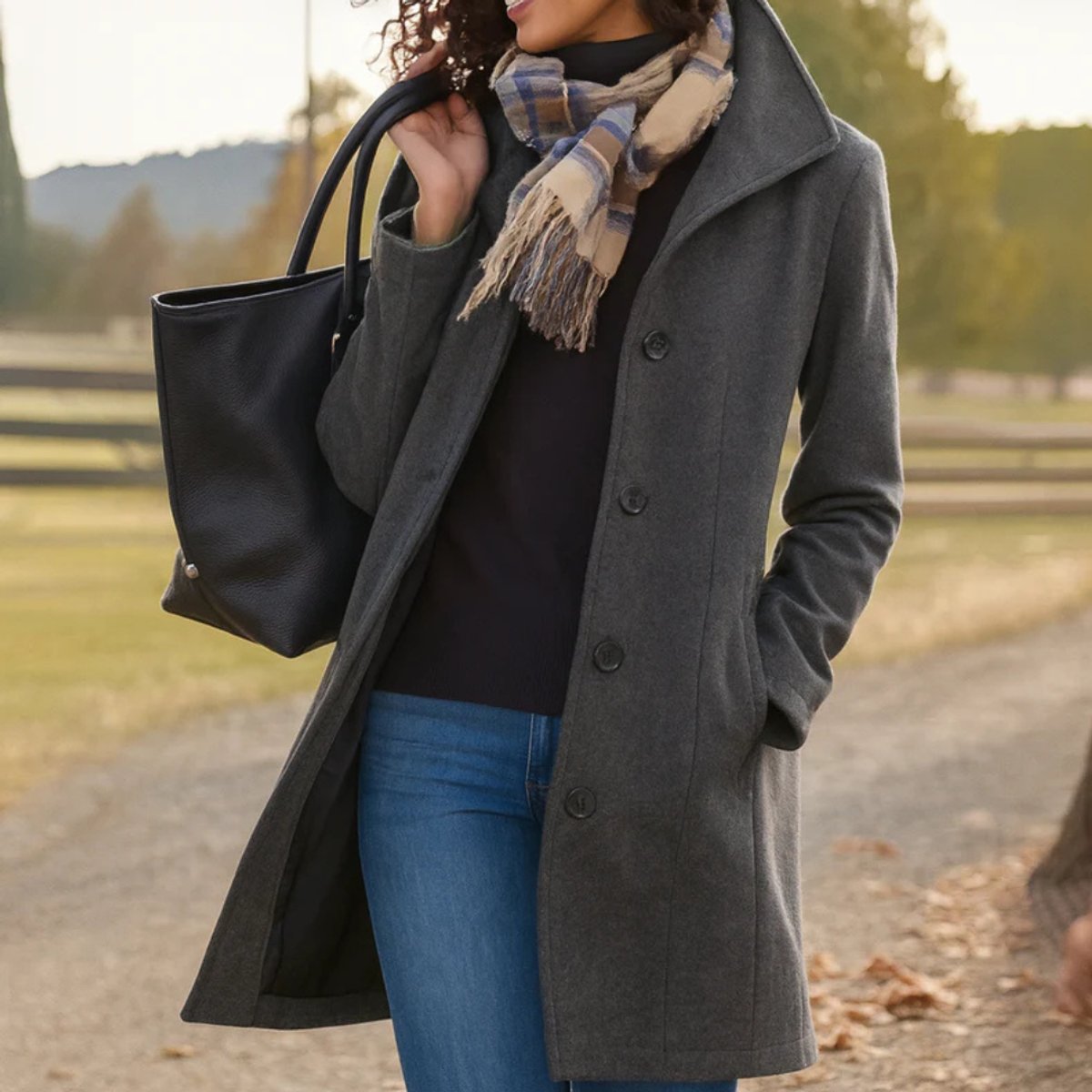 Women's Classic Mid-Length Button-Front Wool-Blend Coat - Gray