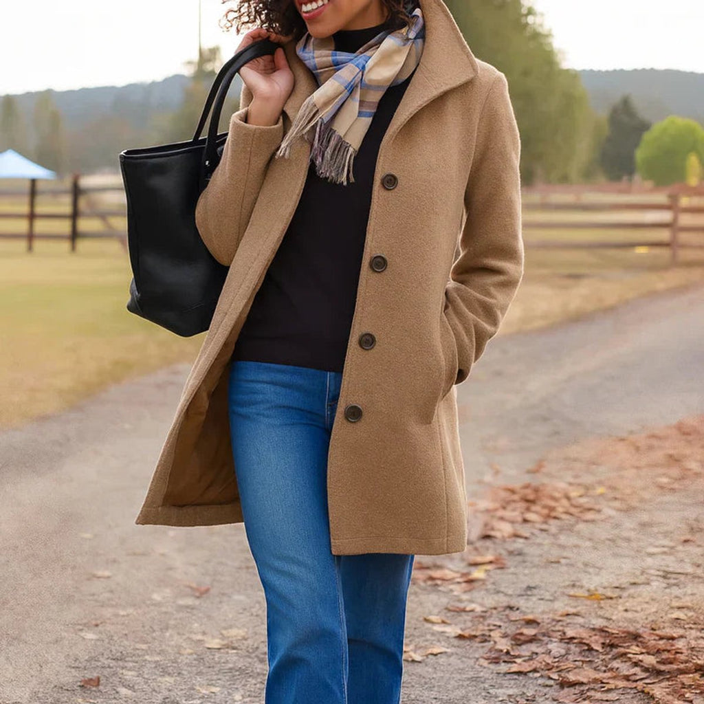 Women's Classic Mid-Length Button-Front Wool-Blend Coat - Khaki