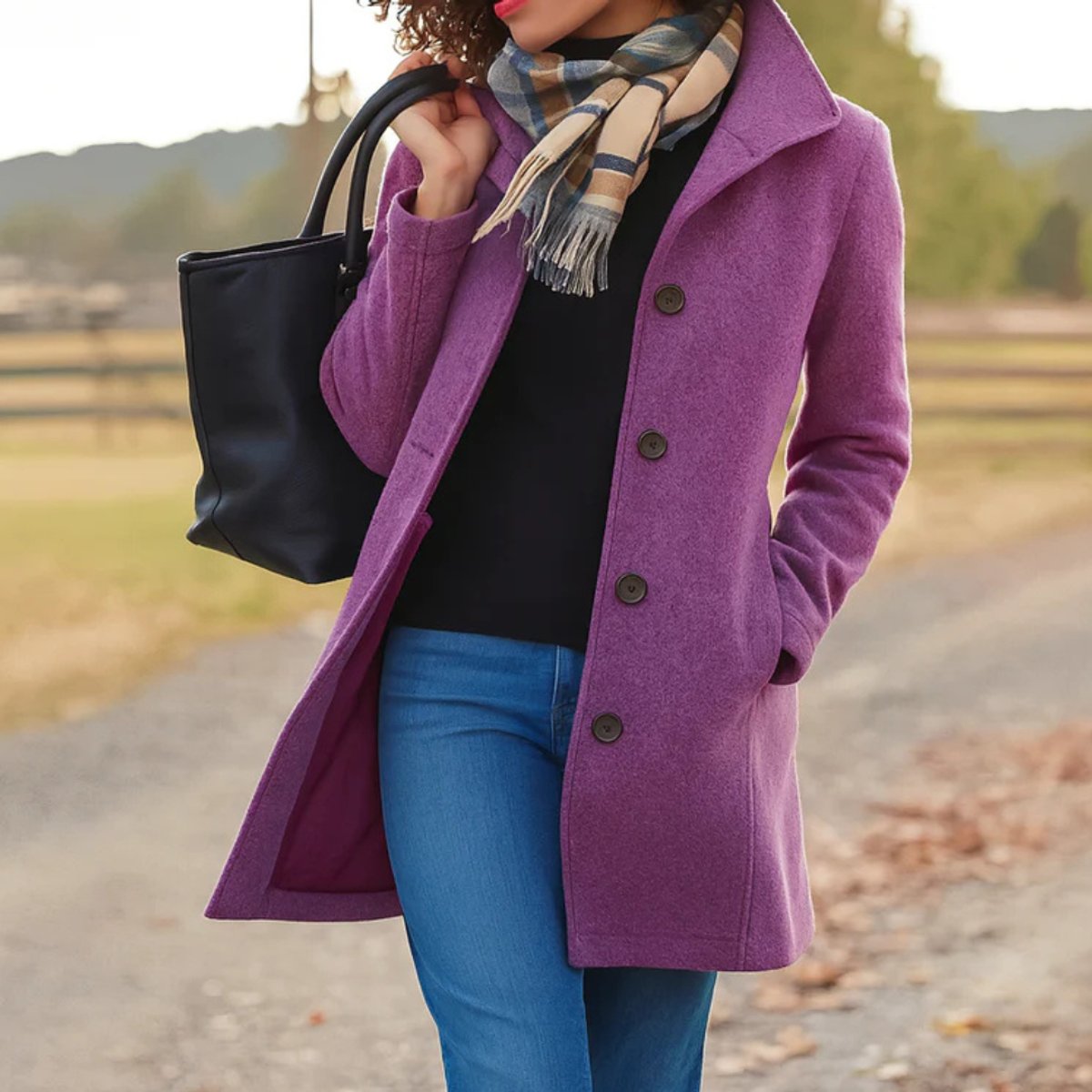 Women's Classic Mid-Length Button-Front Wool-Blend Coat - Purple