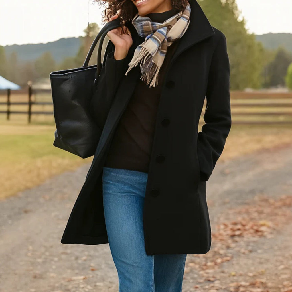 Women's Classic Mid-Length Button-Front Wool-Blend Coat - Black