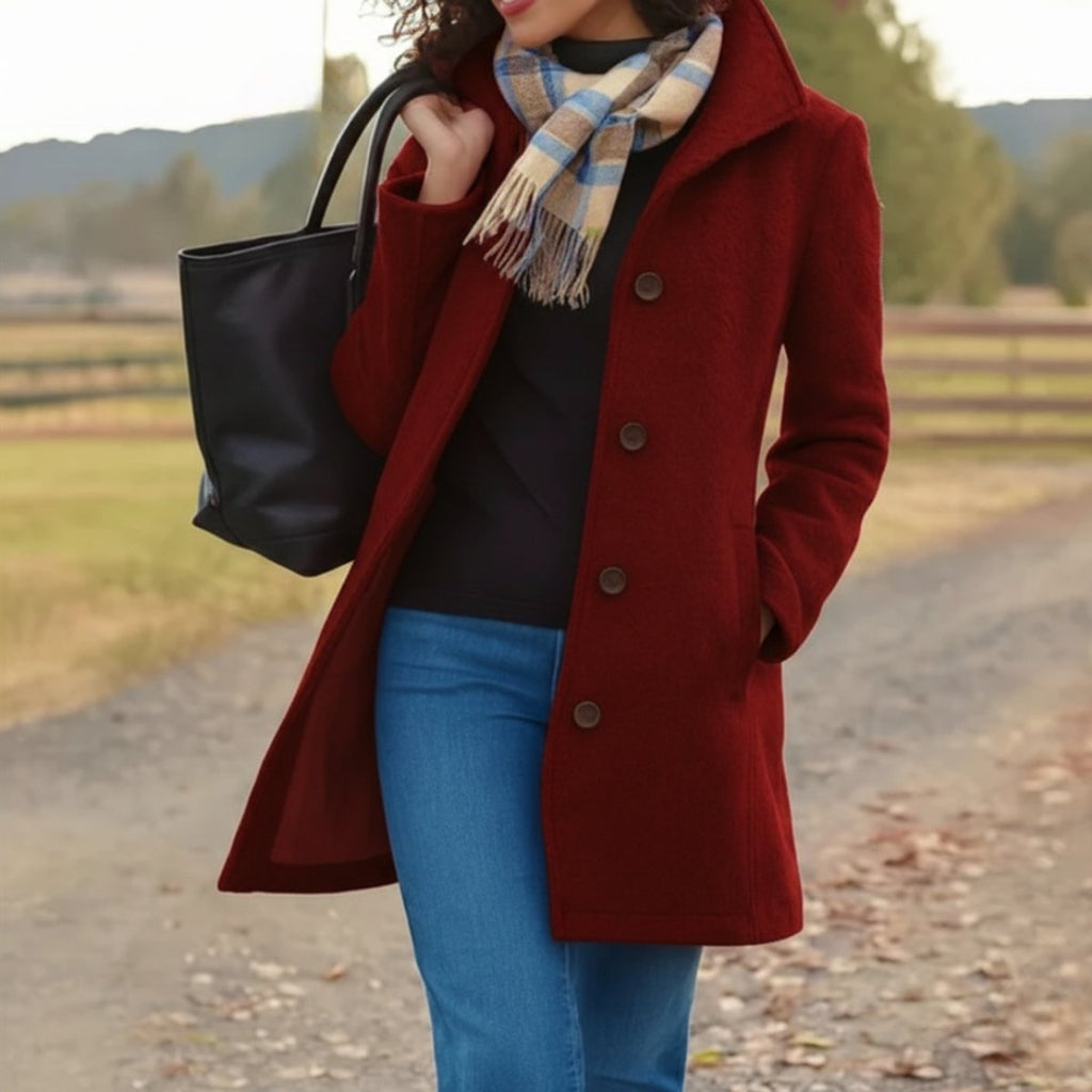 Women's Classic Mid-Length Button-Front Wool-Blend Coat - Red
