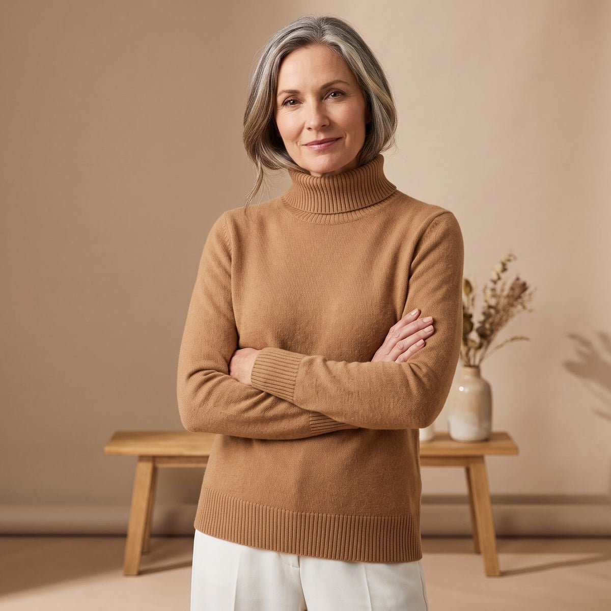 Women's Classic Turtleneck Long-Sleeve Knit Sweater - Beige