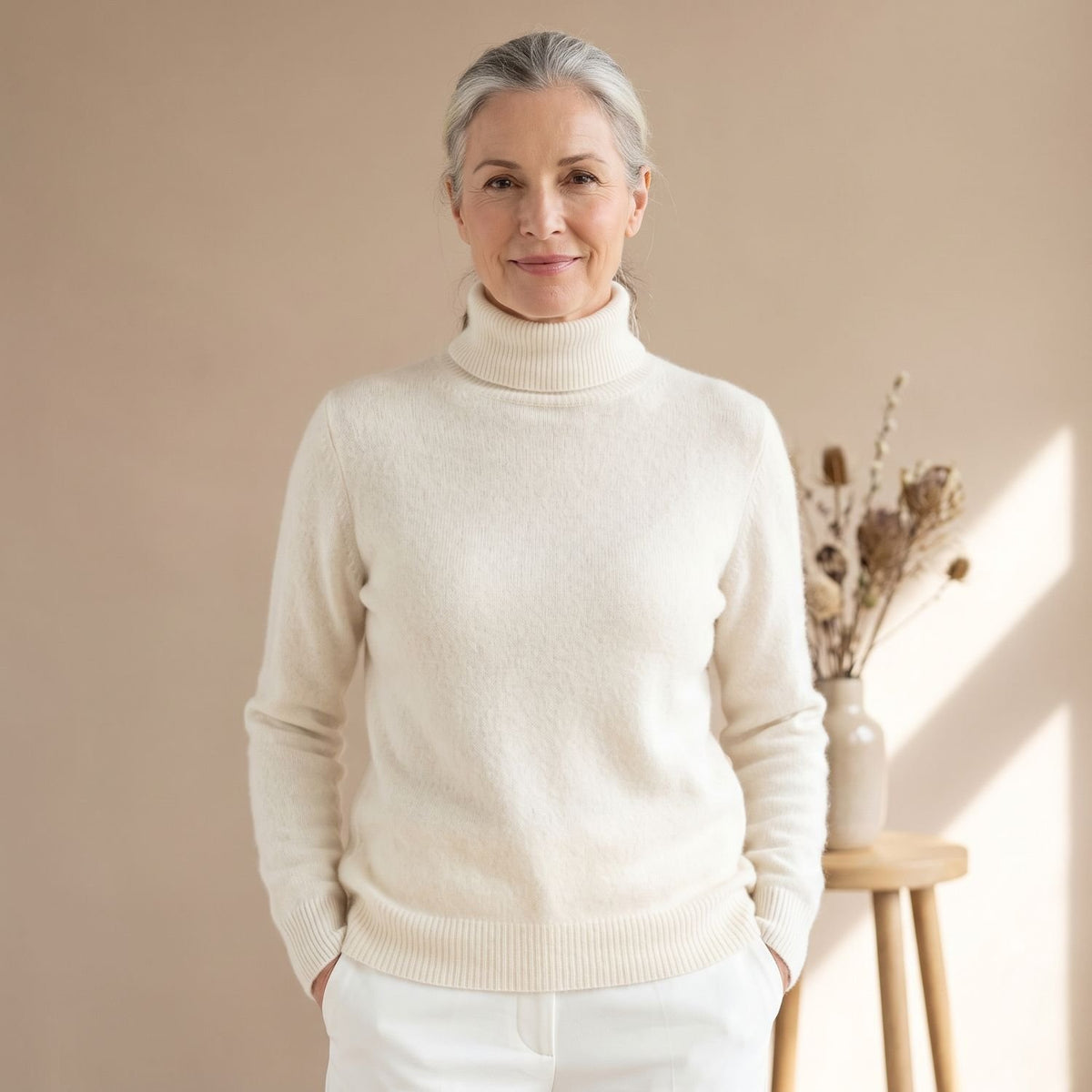 Women's Classic Turtleneck Long-Sleeve Knit Sweater - White