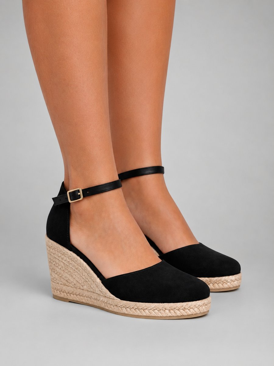 Women's Closed-Toe Espadrille Wedge Sandals Ankle Strap - Black