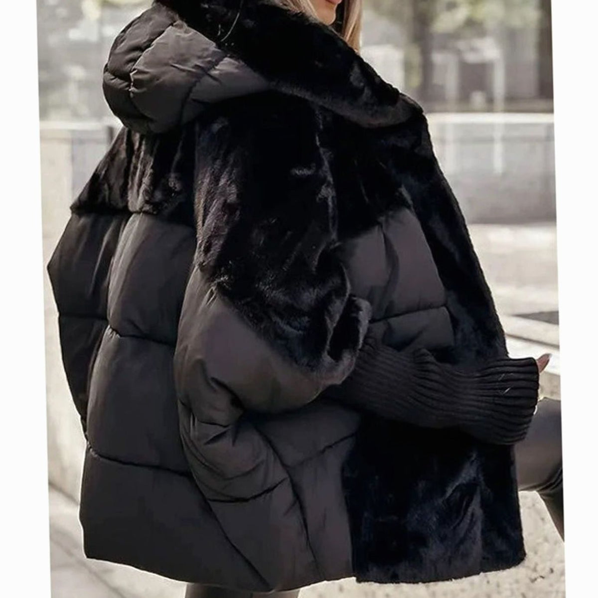 Women's Coat Faux Fur Puffer Oversized Hooded Winter Jacket - Black
