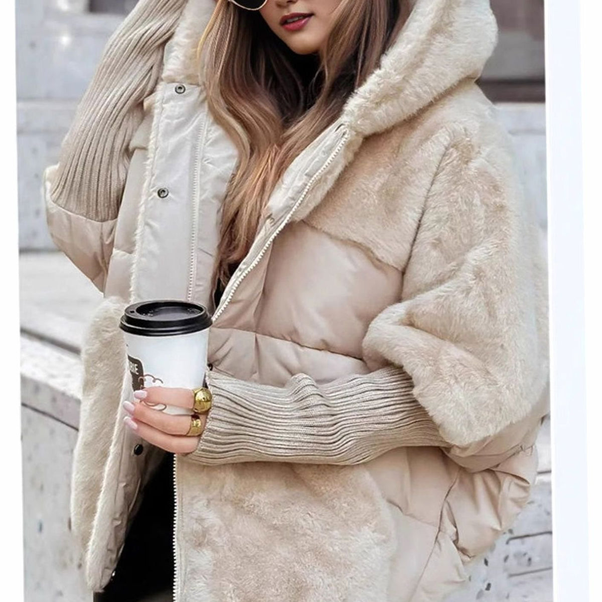 Women's Coat Faux Fur Puffer Oversized Hooded Winter Jacket - Beige