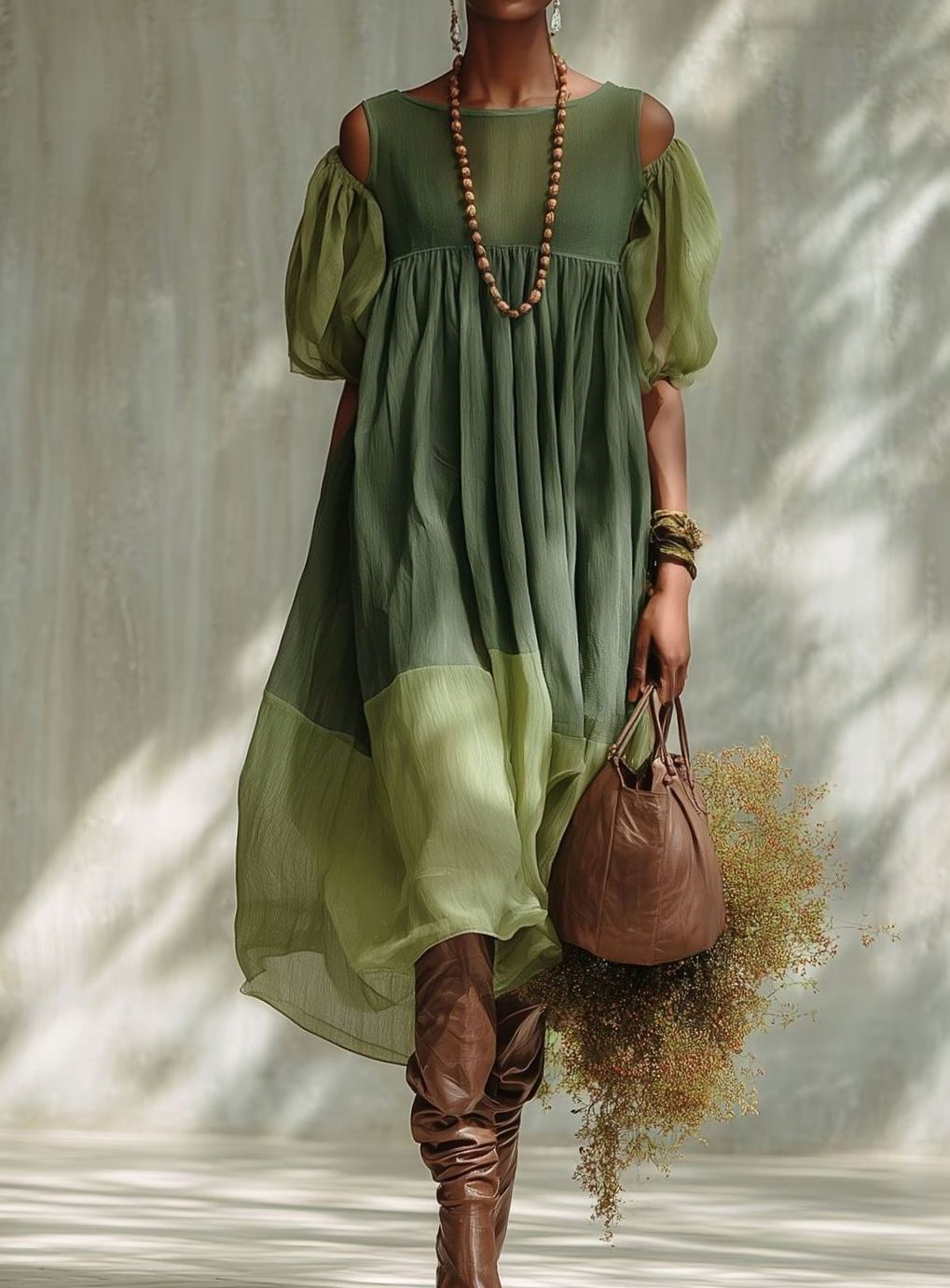 Women's Cold-Shoulder Pleated Midi Dress Short Sleeve - Green