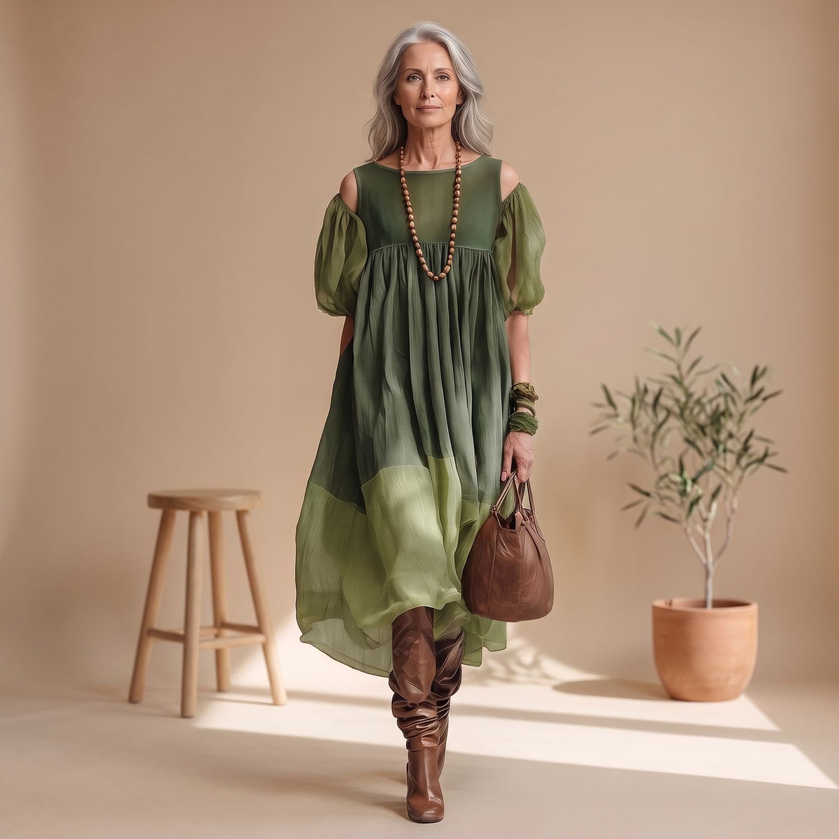 Women's Cold-Shoulder Pleated Midi Dress Short Sleeve