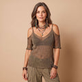 Women's Cold-Shoulder Semi-Sheer Mesh Knit Top - Olive