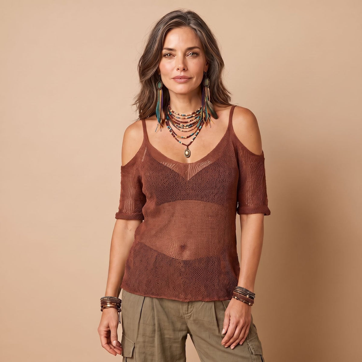 Women's Cold-Shoulder Semi-Sheer Mesh Knit Top - Rust