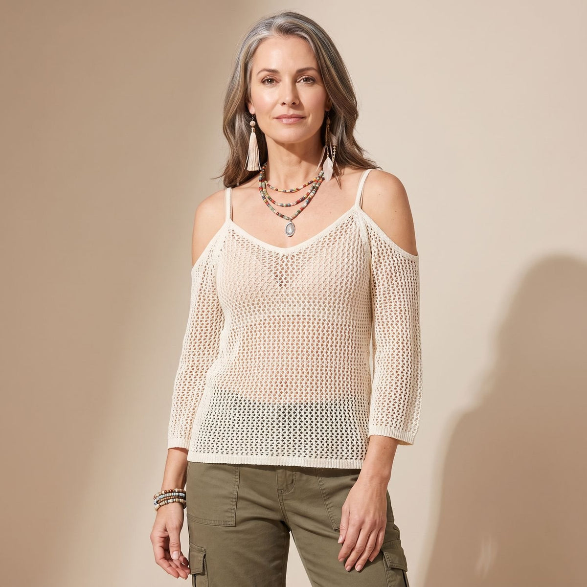 Women's Cold-Shoulder Semi-Sheer Mesh Knit Top - Ivory