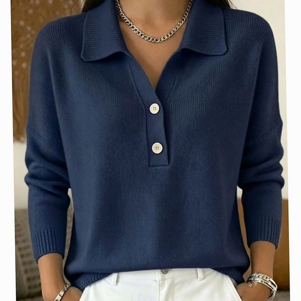 Women's Collared Button-Placket Knit Pullover Sweater - Dark Blue