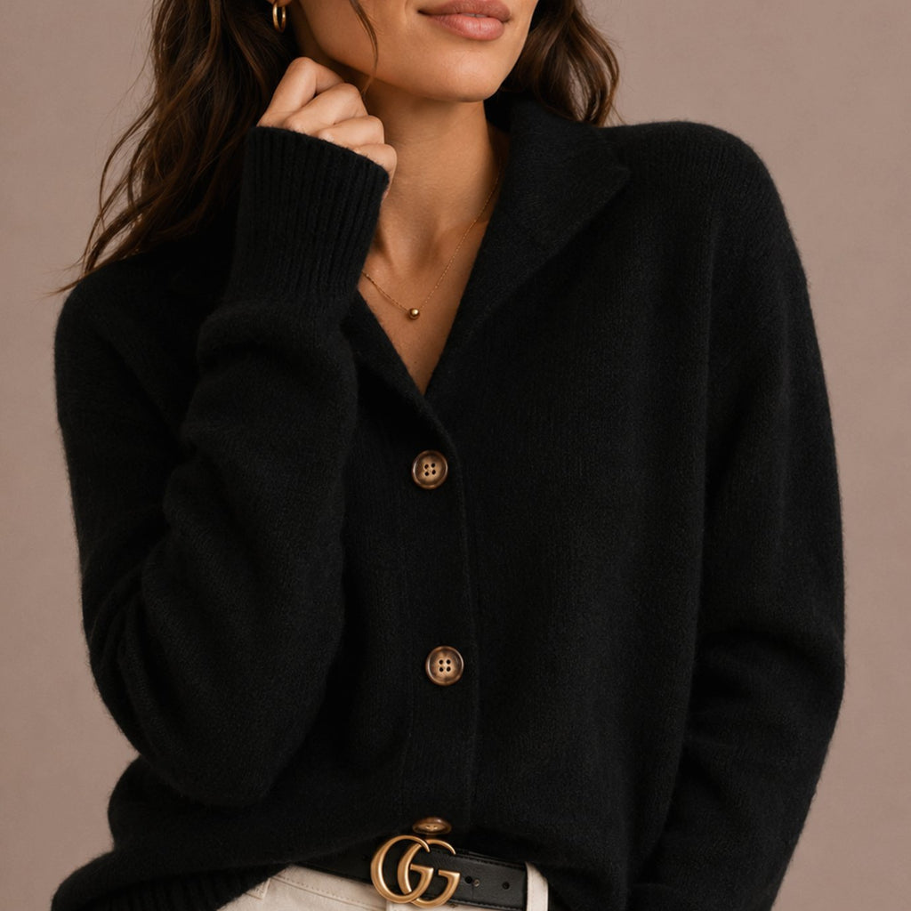 Women's Collared Knit Button-Up Cardigan Relaxed Fit Sweater, Black - Black