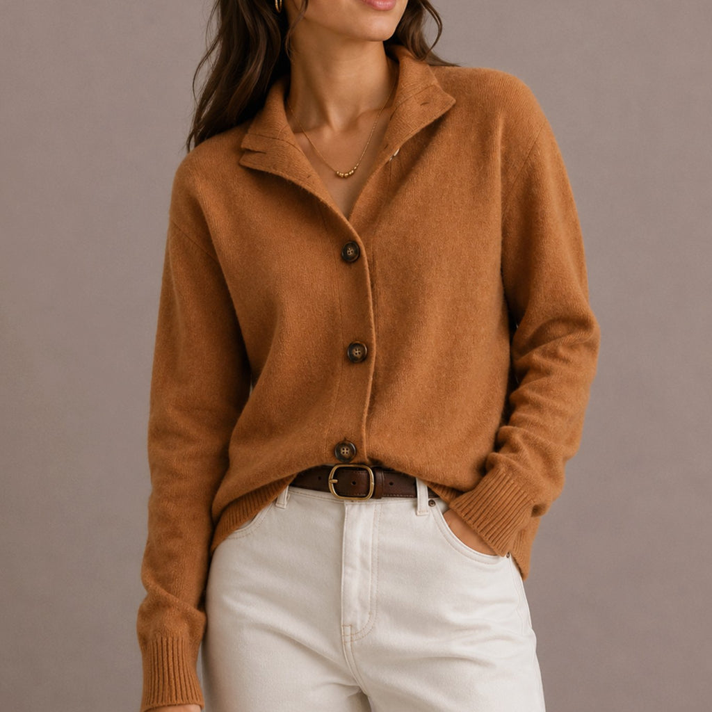 Women's Collared Knit Button-Up Cardigan Relaxed Fit Sweater, Black - Brown