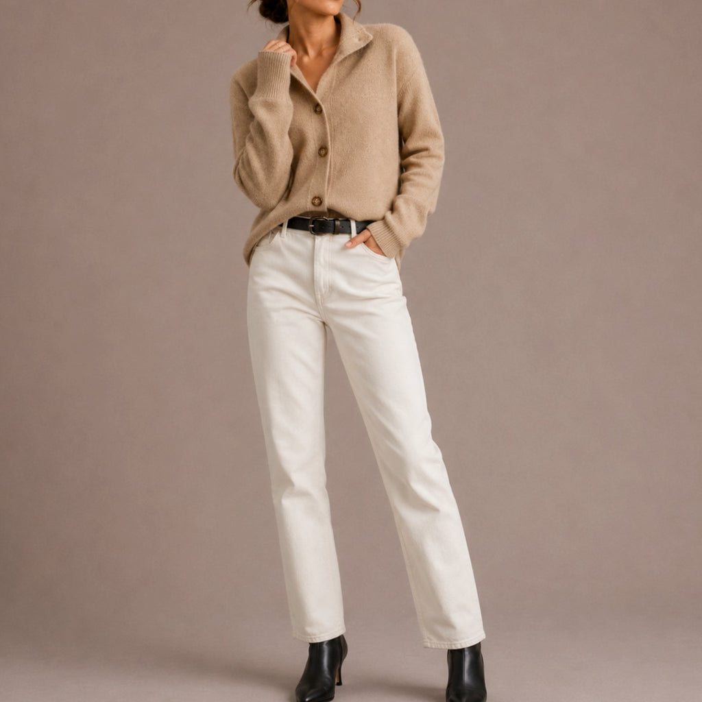 Women's Collared Knit Button-Up Cardigan Relaxed Fit Sweater, Black - Beige