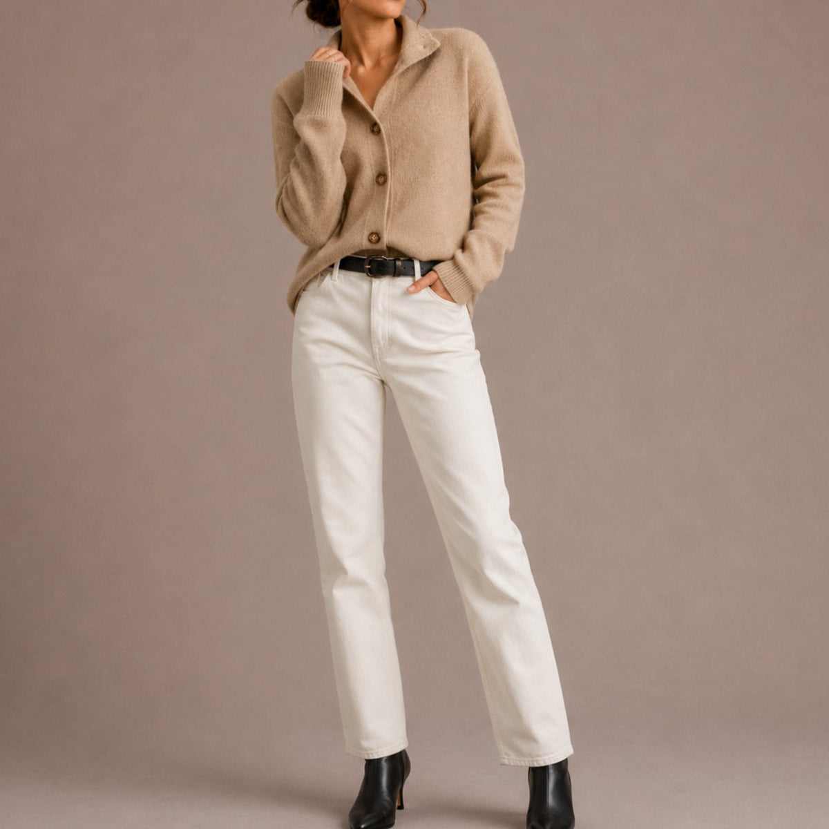 Women's Collared Knit Button-Up Cardigan Relaxed Fit Sweater, Black - Beige