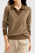 Women's Collared V-Neck Knit Pullover Sweater Button Cuff - Brown