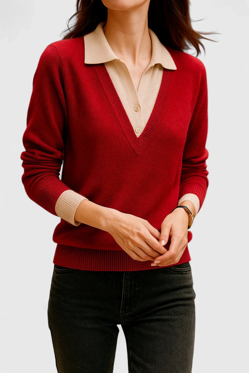 Women's Collared V-Neck Knit Pullover Sweater Button Cuff
