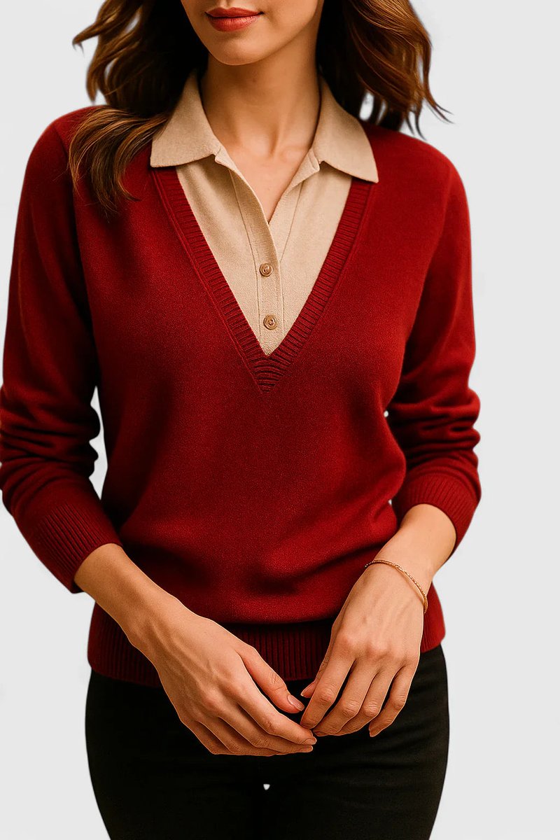 Women's Collared V-Neck Knit Pullover Sweater Button Cuff