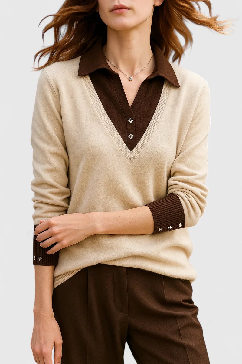 Women's Collared V-Neck Knit Pullover Sweater Button Cuff