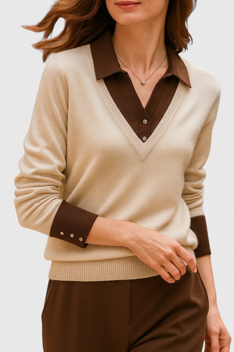 Women's Collared V-Neck Knit Pullover Sweater Button Cuff