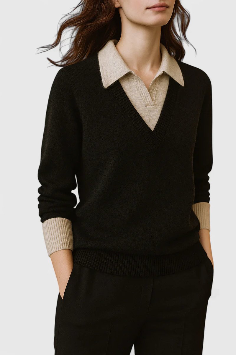 Women's Collared V-Neck Knit Pullover Sweater Button Cuff