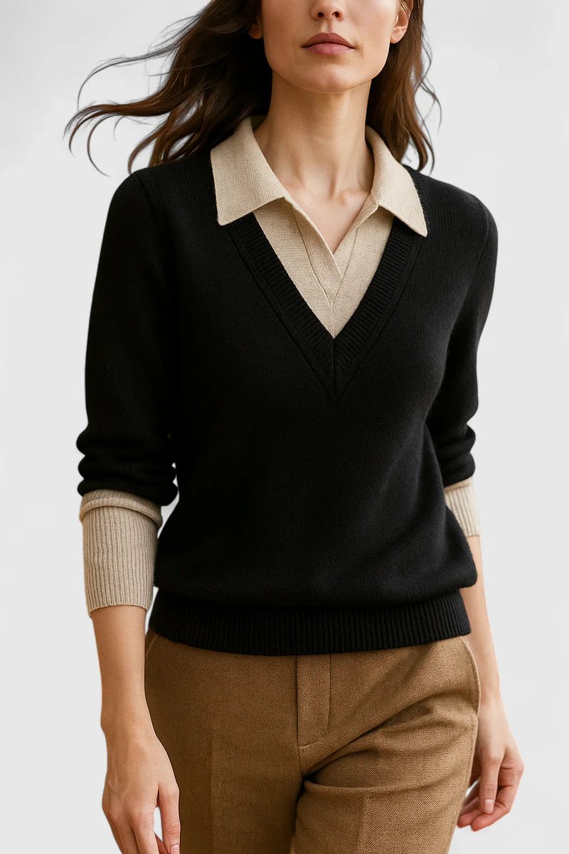Women's Collared V-Neck Knit Pullover Sweater Button Cuff