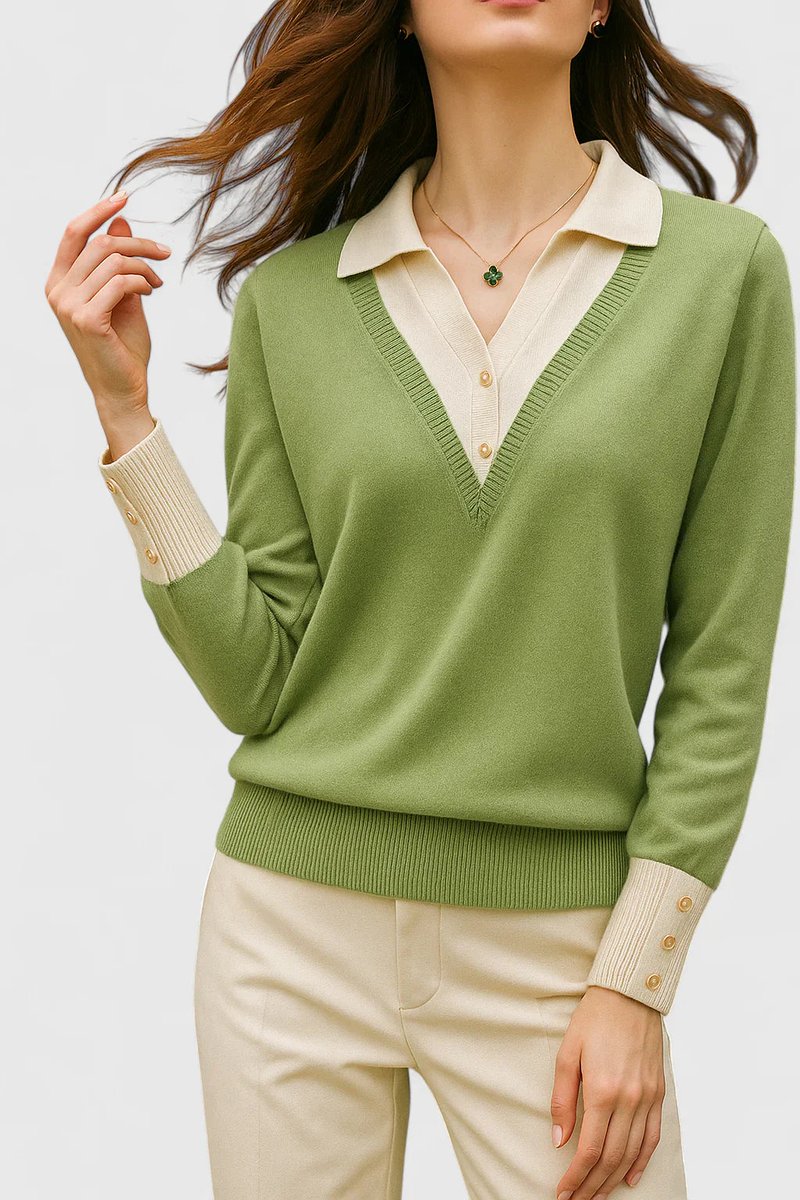 Women's Collared V-Neck Knit Pullover Sweater Button Cuff