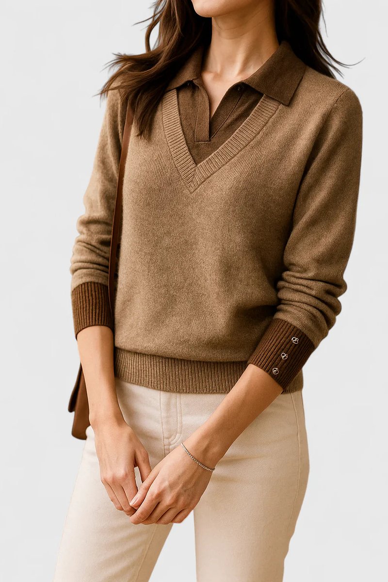 Women's Collared V-Neck Knit Pullover Sweater Button Cuff