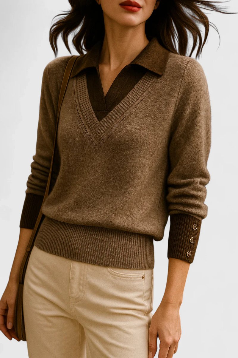 Women's Collared V-Neck Knit Pullover Sweater Button Cuff