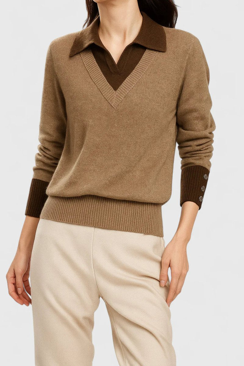 Women's Collared V-Neck Knit Pullover Sweater Button Cuff