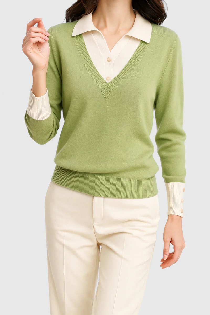 Women's Collared V-Neck Knit Pullover Sweater Button Cuff - Lime