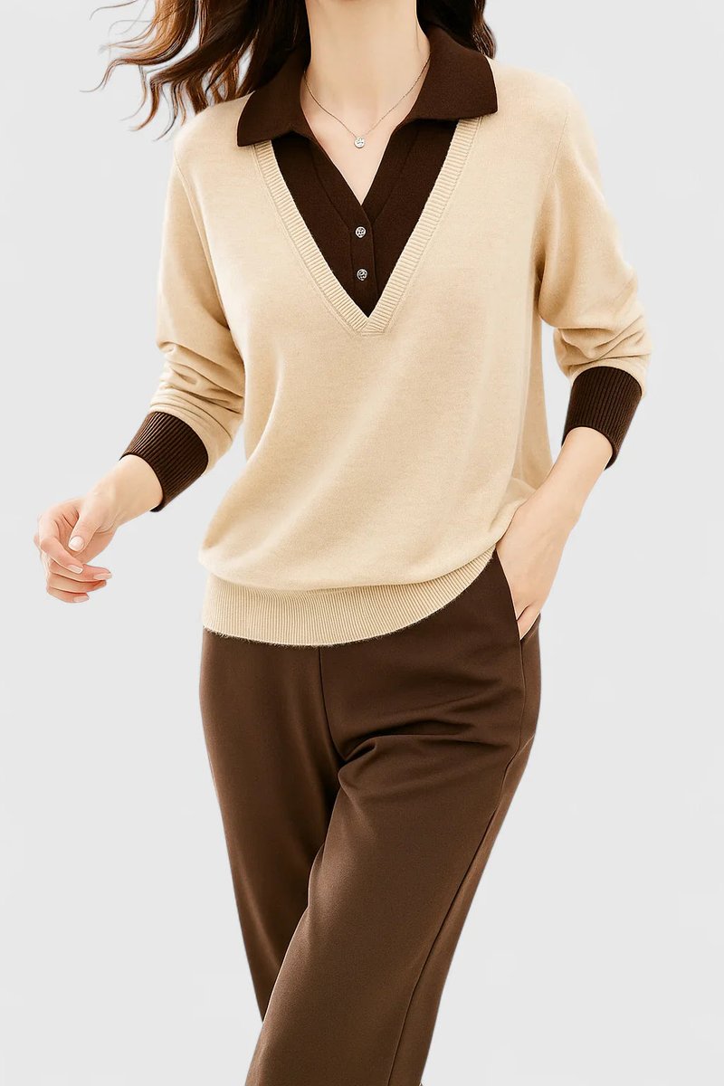 Women's Collared V-Neck Knit Pullover Sweater Button Cuff - Beige