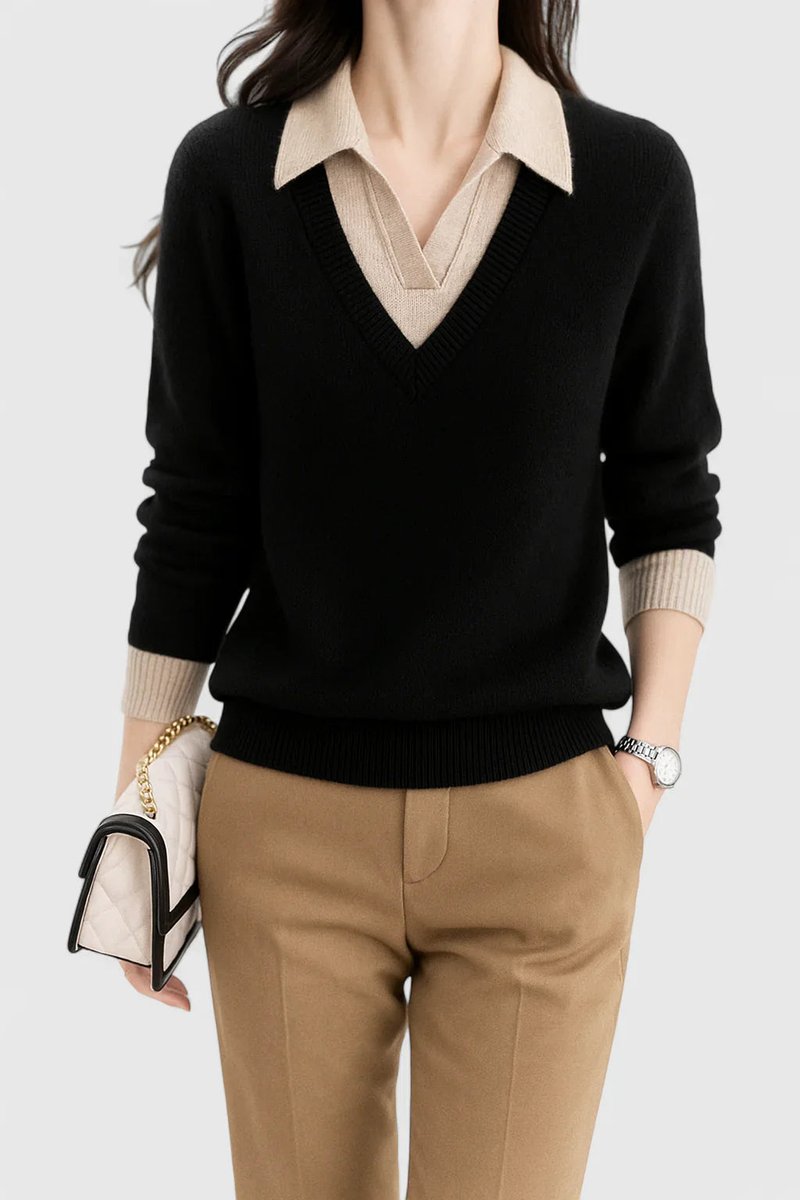 Women's Collared V-Neck Knit Pullover Sweater Button Cuff - Black