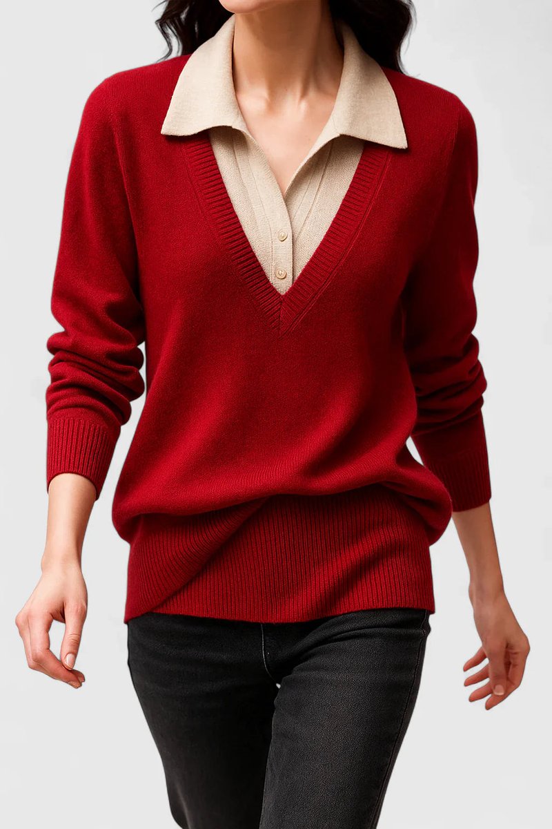 Women's Collared V-Neck Knit Pullover Sweater Button Cuff
