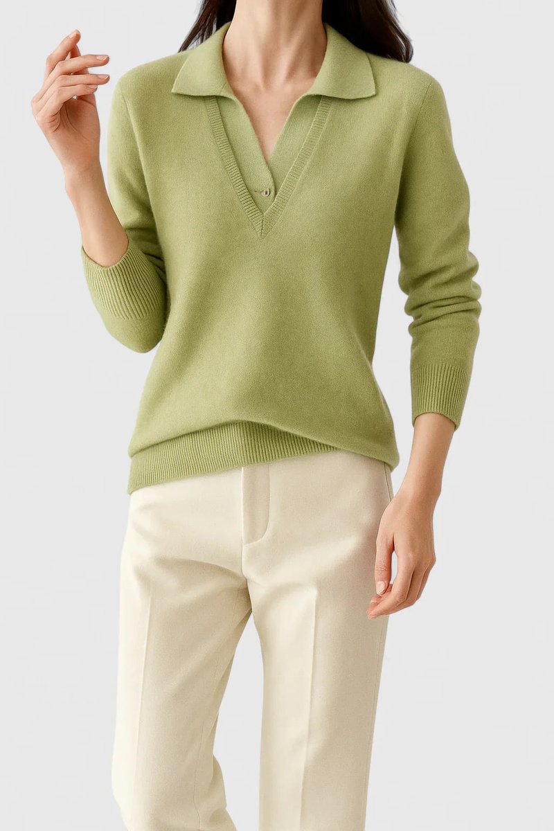 Women's Collared V-Neck Knit Pullover Sweater Button Cuff
