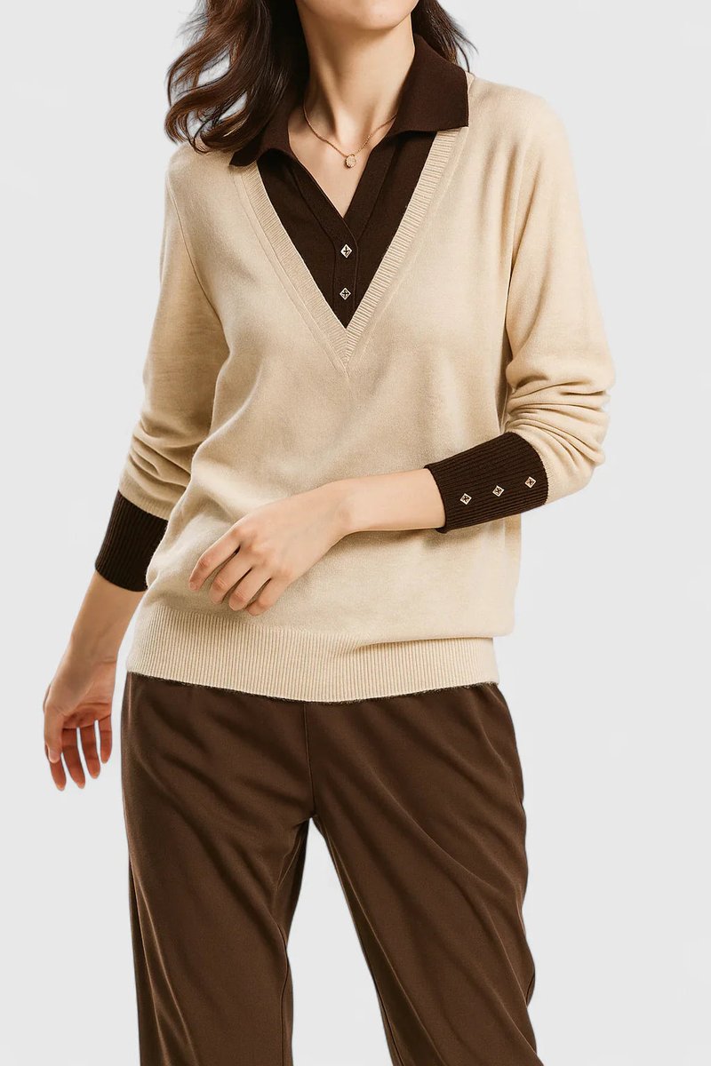 Women's Collared V-Neck Knit Pullover Sweater Button Cuff