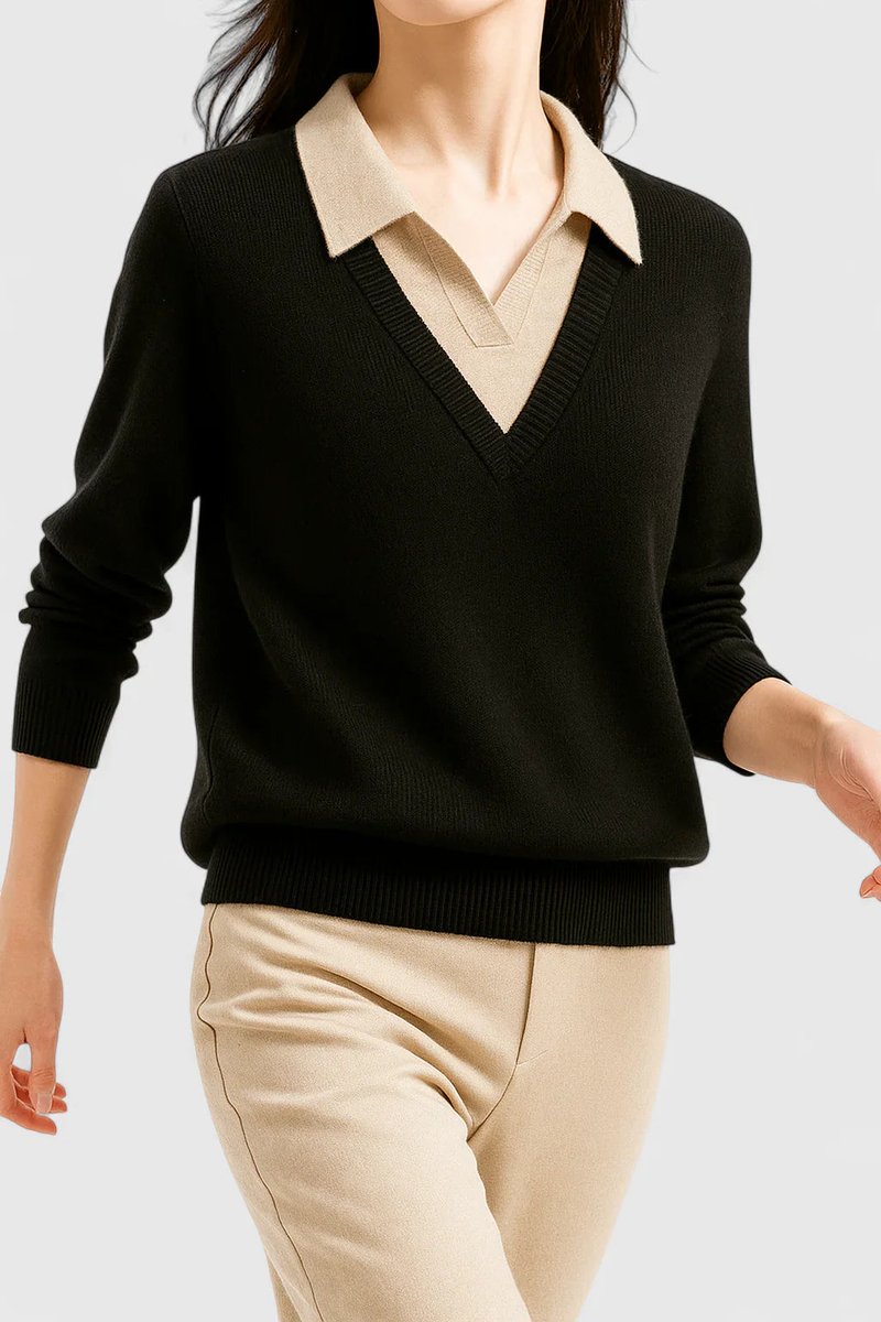 Women's Collared V-Neck Knit Pullover Sweater Button Cuff