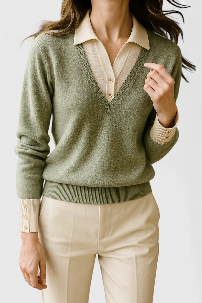 Women's Collared V-Neck Knit Pullover Sweater Button Cuff