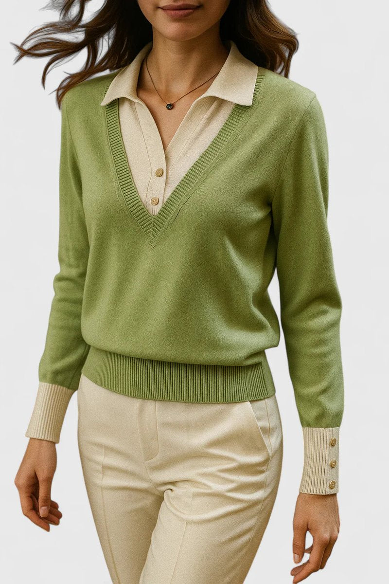 Women's Collared V-Neck Knit Pullover Sweater Button Cuff