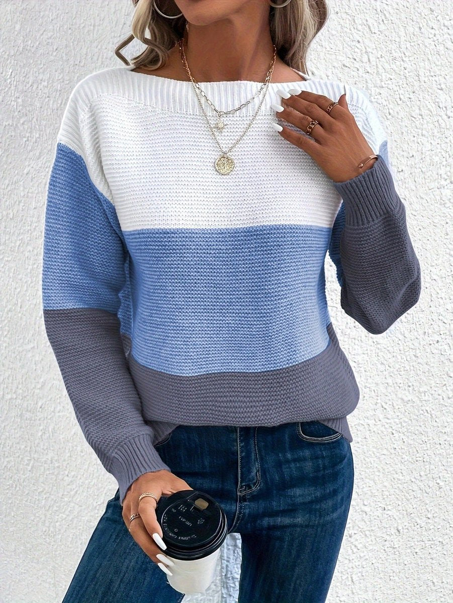 Women's Color Block Relaxed-Fit Crewneck Knit Sweater - Blue