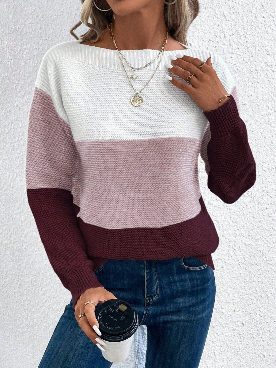 Women's Color Block Relaxed-Fit Crewneck Knit Sweater - Burgundy